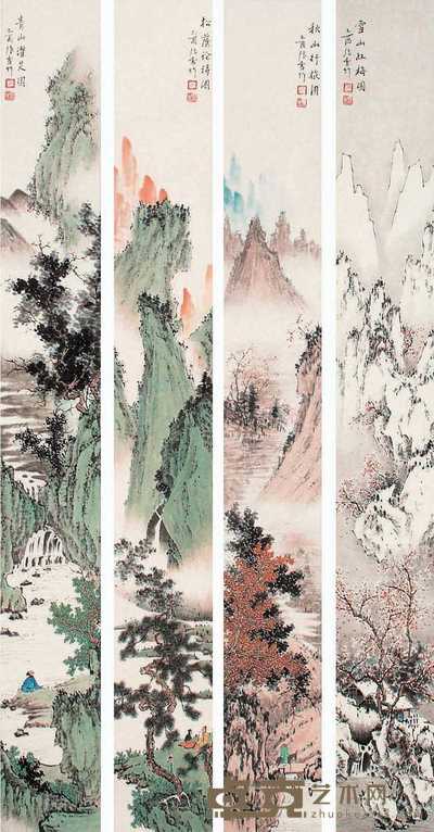 张雪竹 四季山水 四屏 133×16.5cm×4